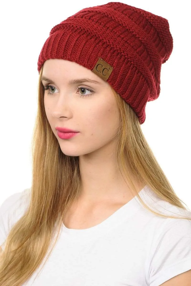 C.C Hat 20A - Slouchy Thick Warm Cap Hat Skully Color Cable Knit Beanie