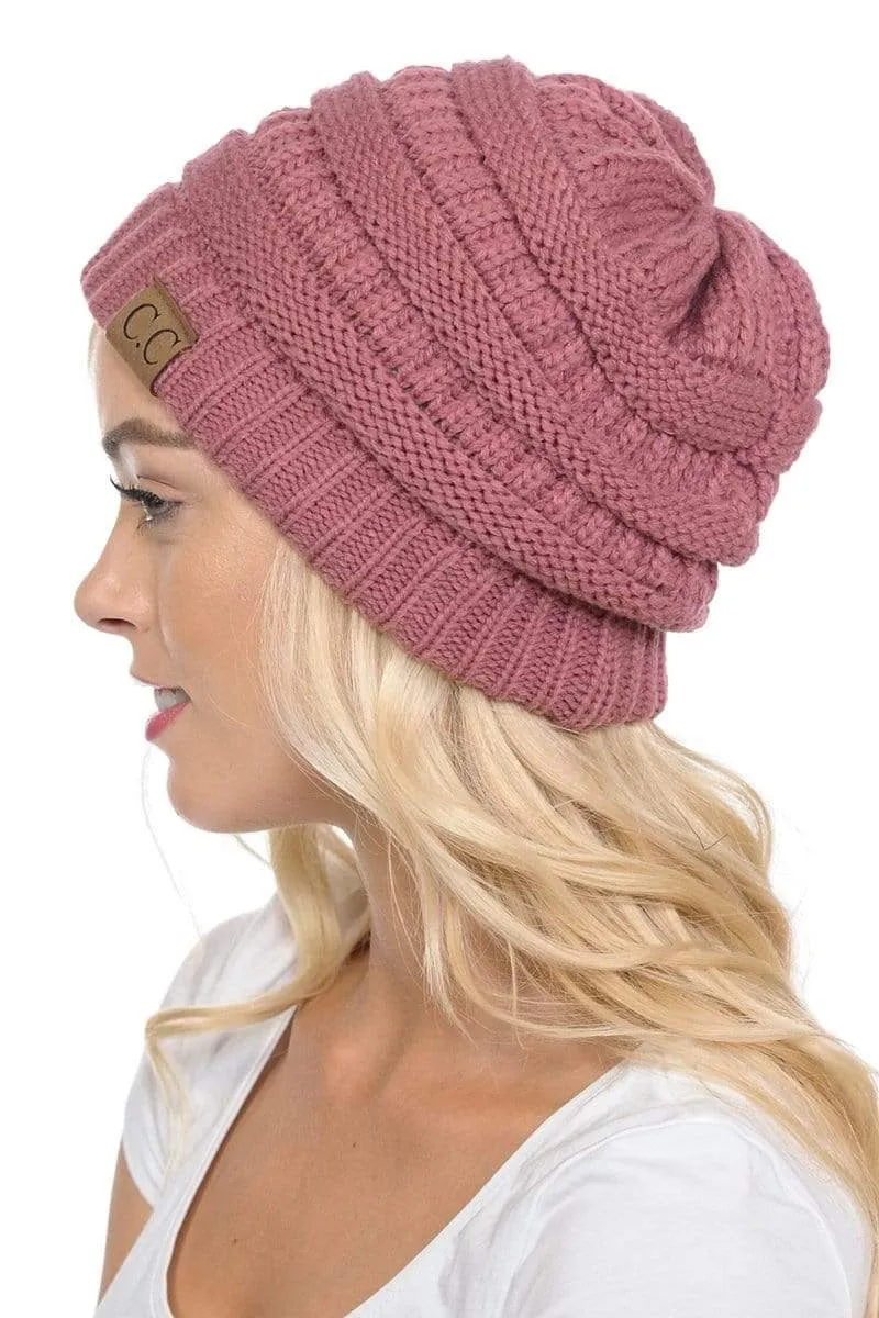 C.C Hat 20A - Slouchy Thick Warm Cap Hat Skully Color Cable Knit Beanie
