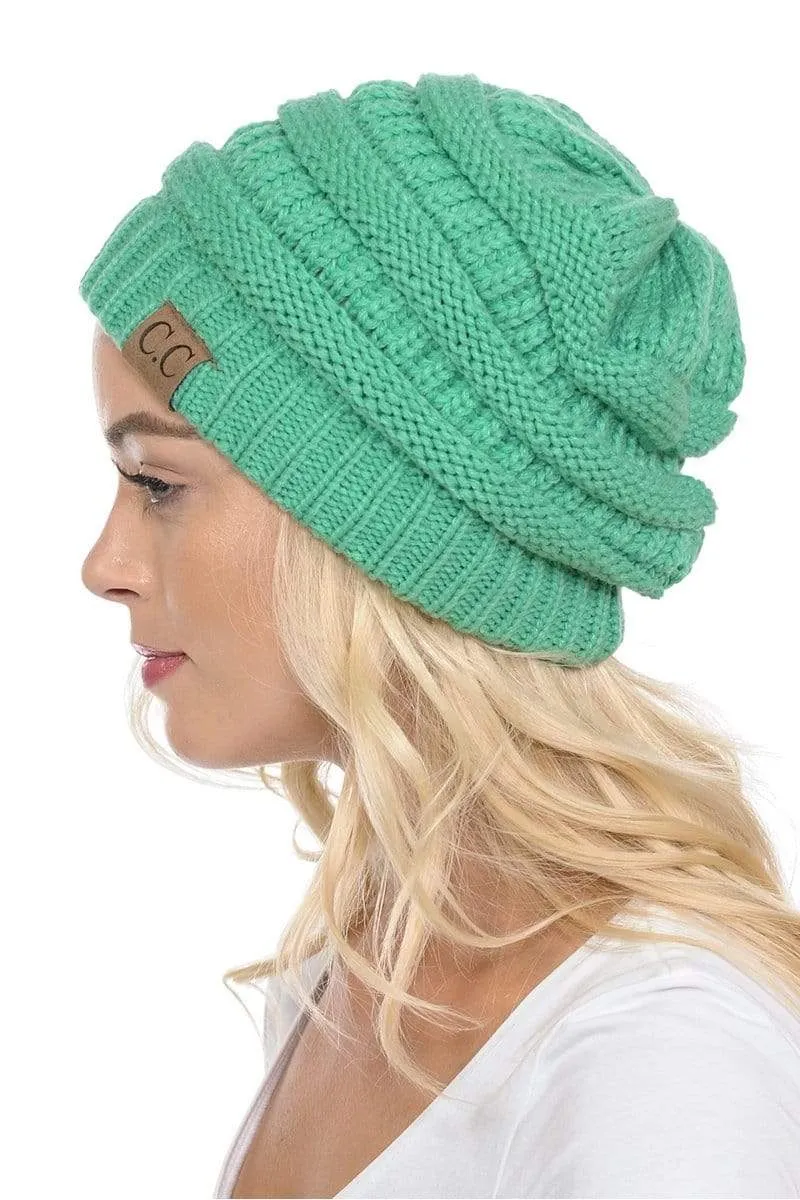 C.C Hat 20A - Slouchy Thick Warm Cap Hat Skully Color Cable Knit Beanie