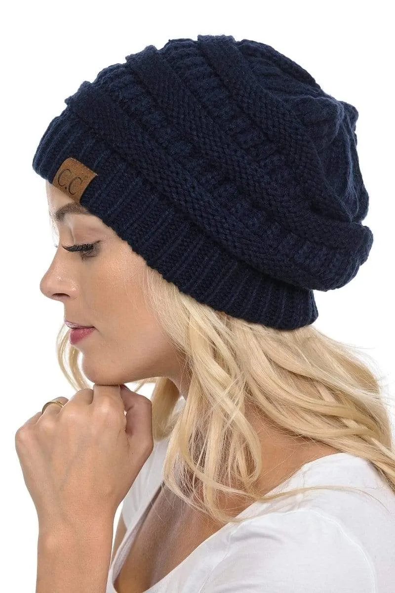 C.C Hat 20A - Slouchy Thick Warm Cap Hat Skully Color Cable Knit Beanie