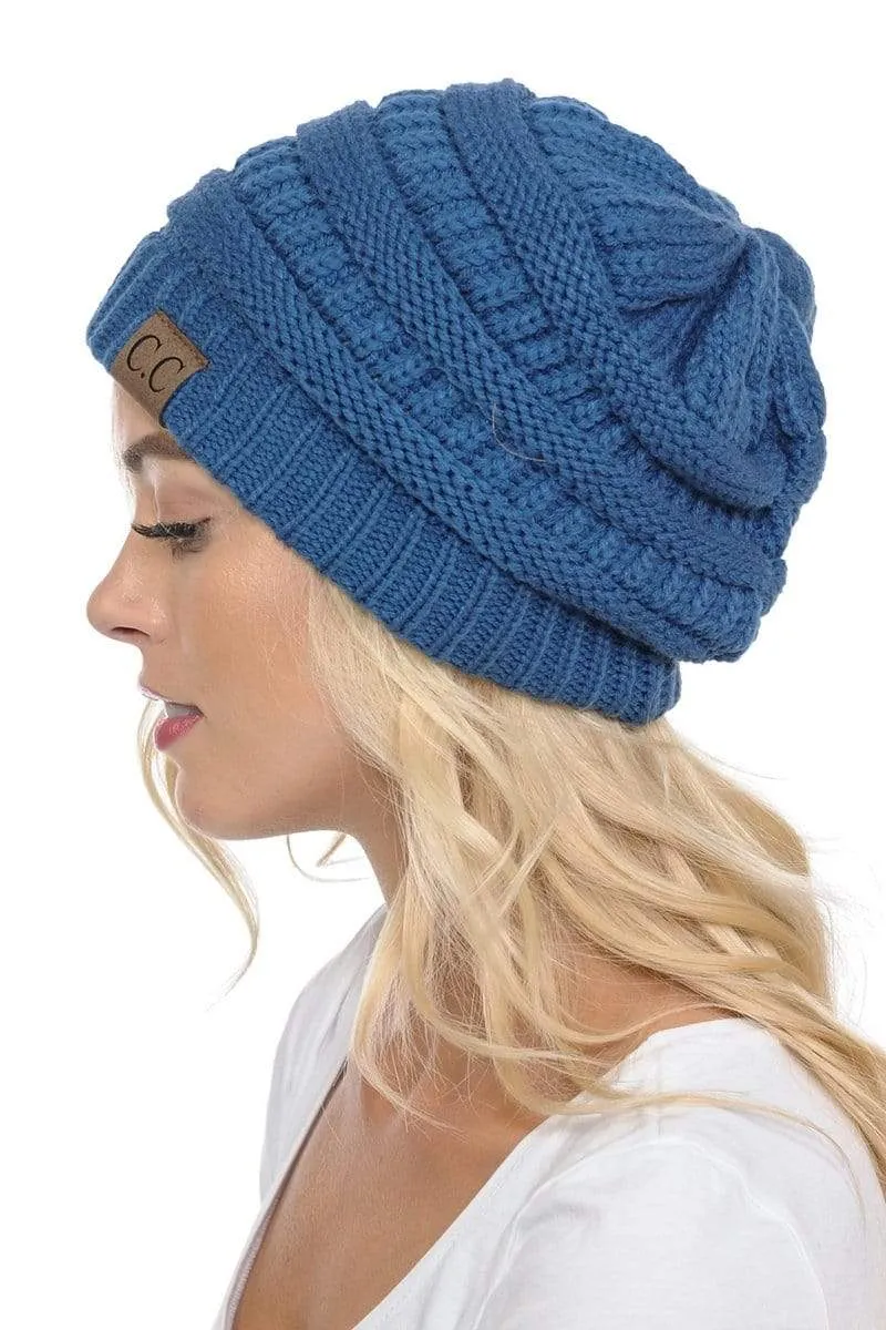 C.C Hat 20A - Slouchy Thick Warm Cap Hat Skully Color Cable Knit Beanie
