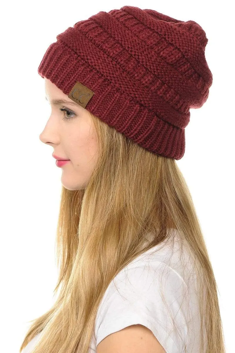 C.C Hat 20A - Slouchy Thick Warm Cap Hat Skully Color Cable Knit Beanie