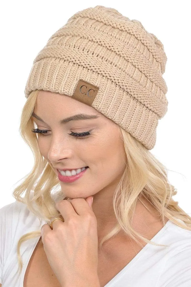 C.C Hat 20A - Slouchy Thick Warm Cap Hat Skully Color Cable Knit Beanie