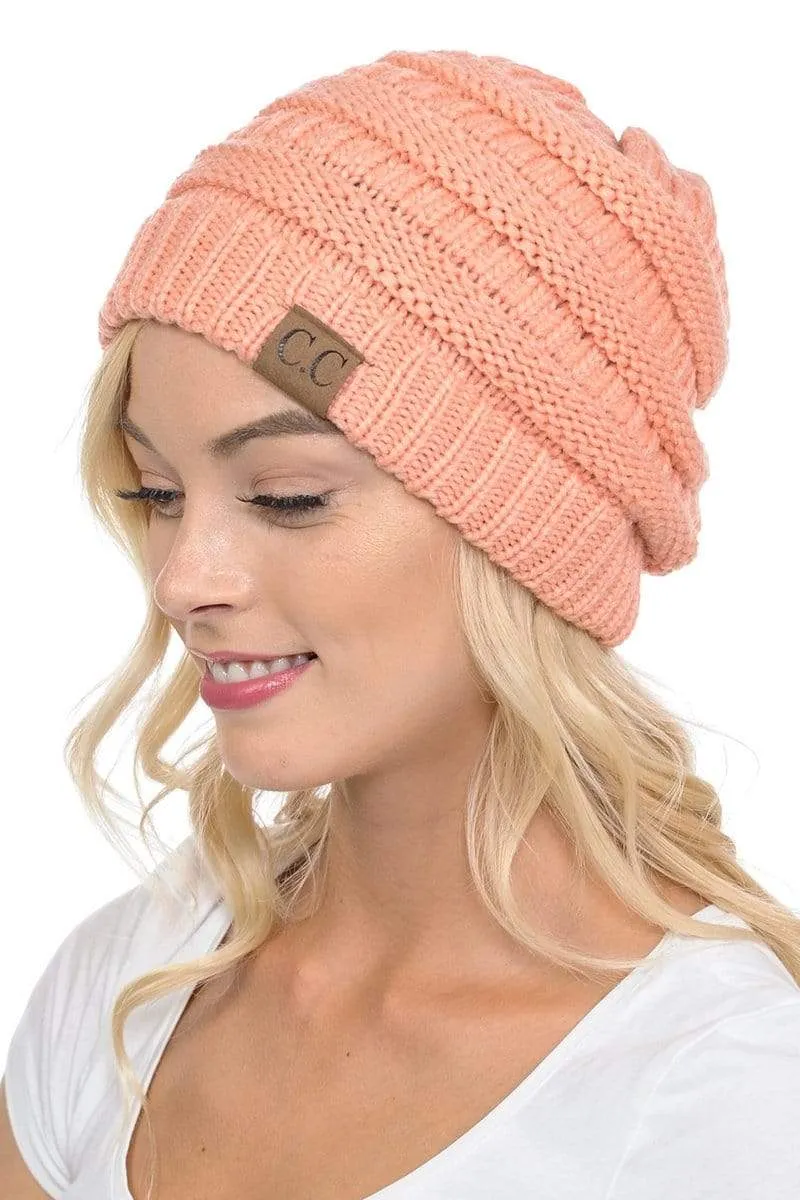 C.C Hat 20A - Slouchy Thick Warm Cap Hat Skully Color Cable Knit Beanie