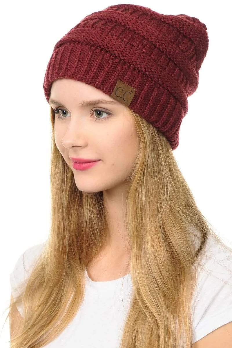 C.C Hat 20A - Slouchy Thick Warm Cap Hat Skully Color Cable Knit Beanie