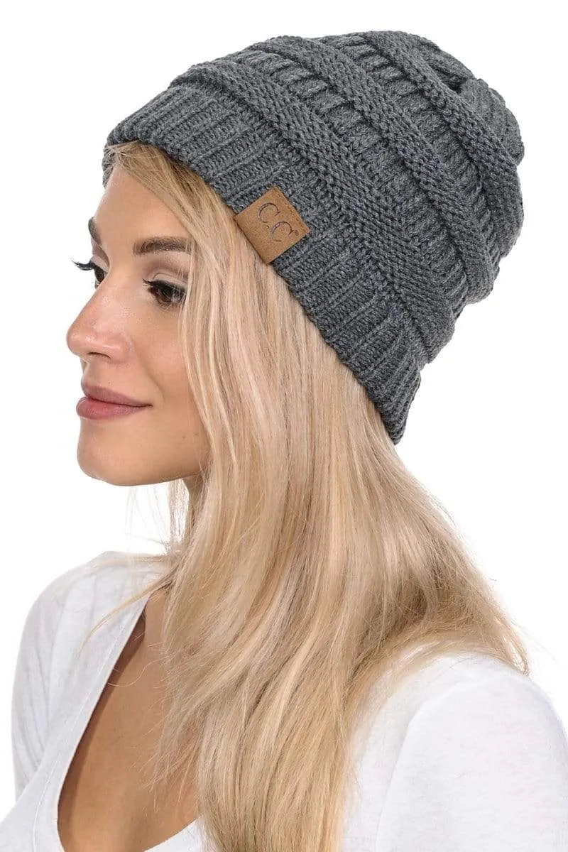 C.C Hat 20A - Slouchy Thick Warm Cap Hat Skully Color Cable Knit Beanie