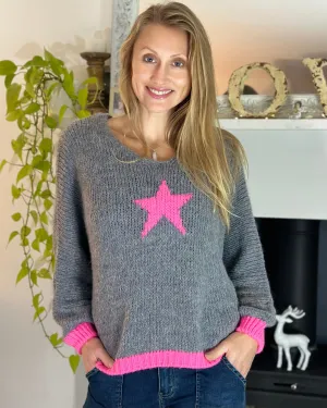 Chunky Knit V-Neck Star Jumper - Grey With Bright Pink