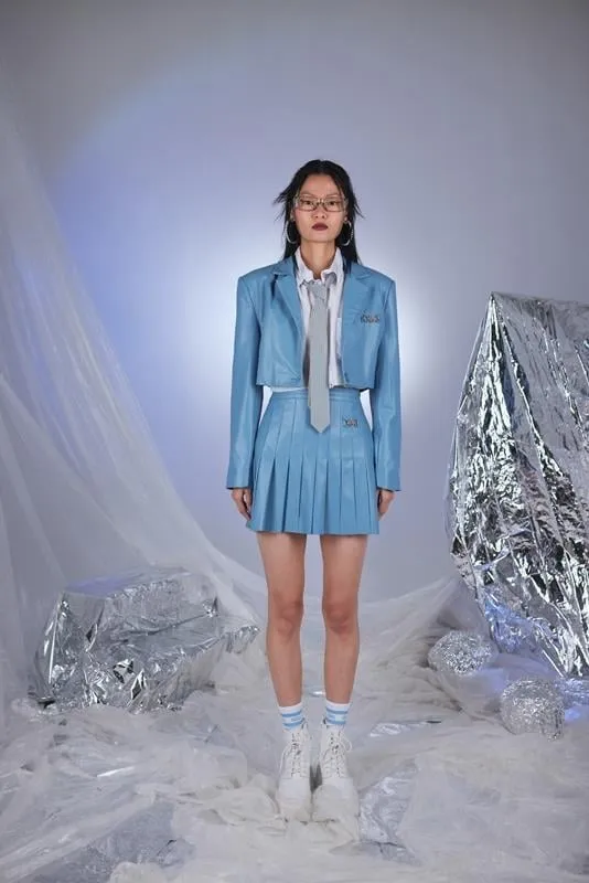 College Style Blue Vegan Faux Leather Cropped Jacket