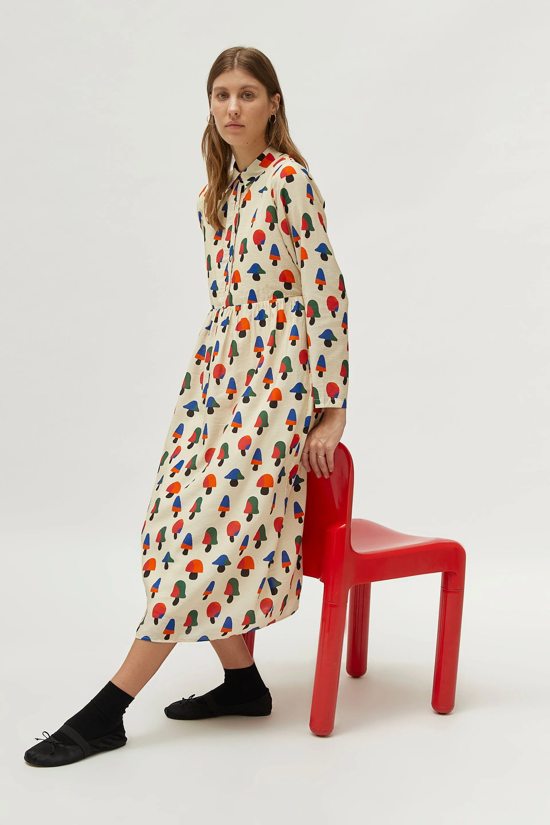Compañia Fantastica - Cream Mushroom Print Midi Shirt Dress