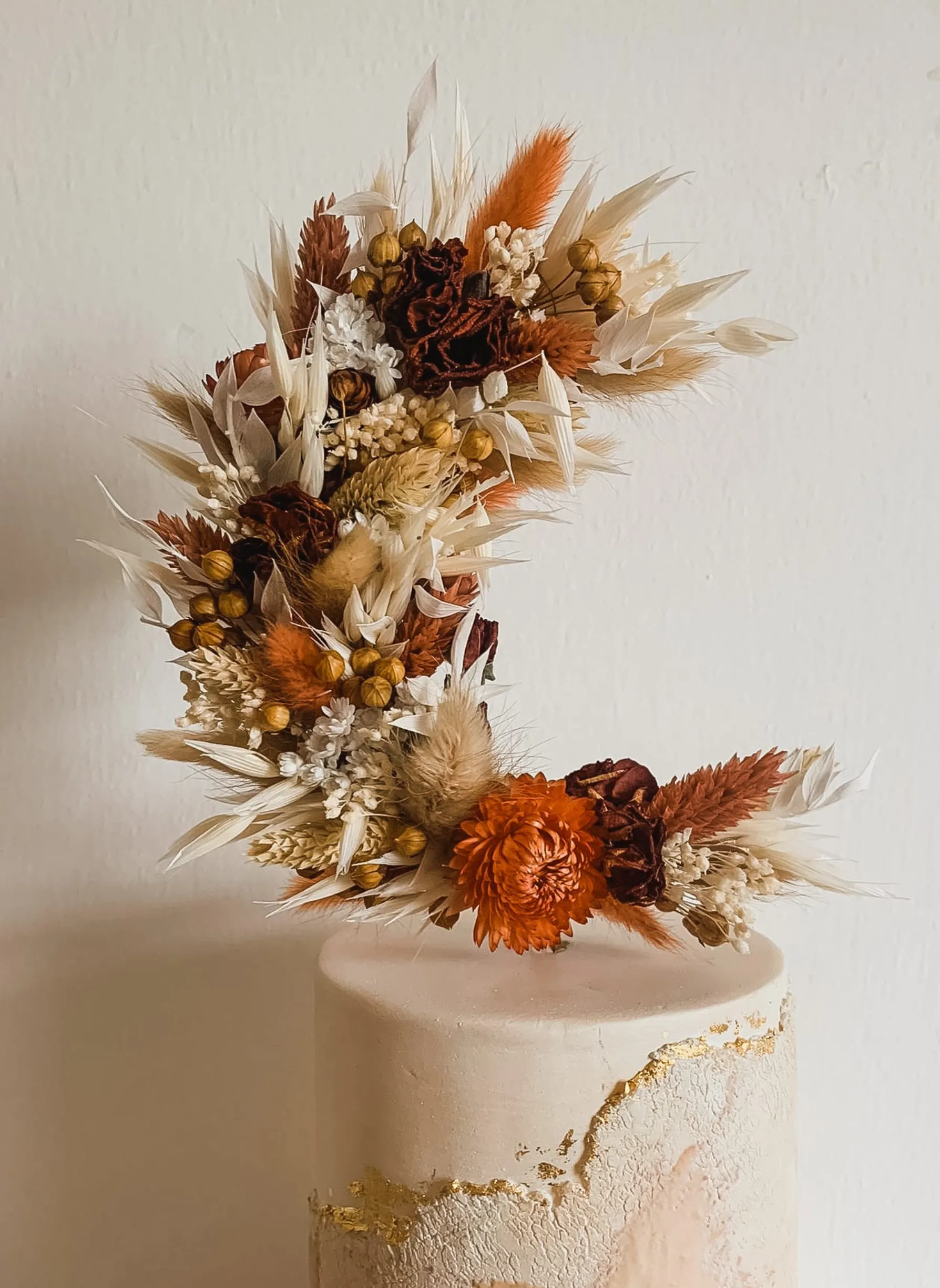 Crescent Moon Dried Flower Wedding Cake Topper