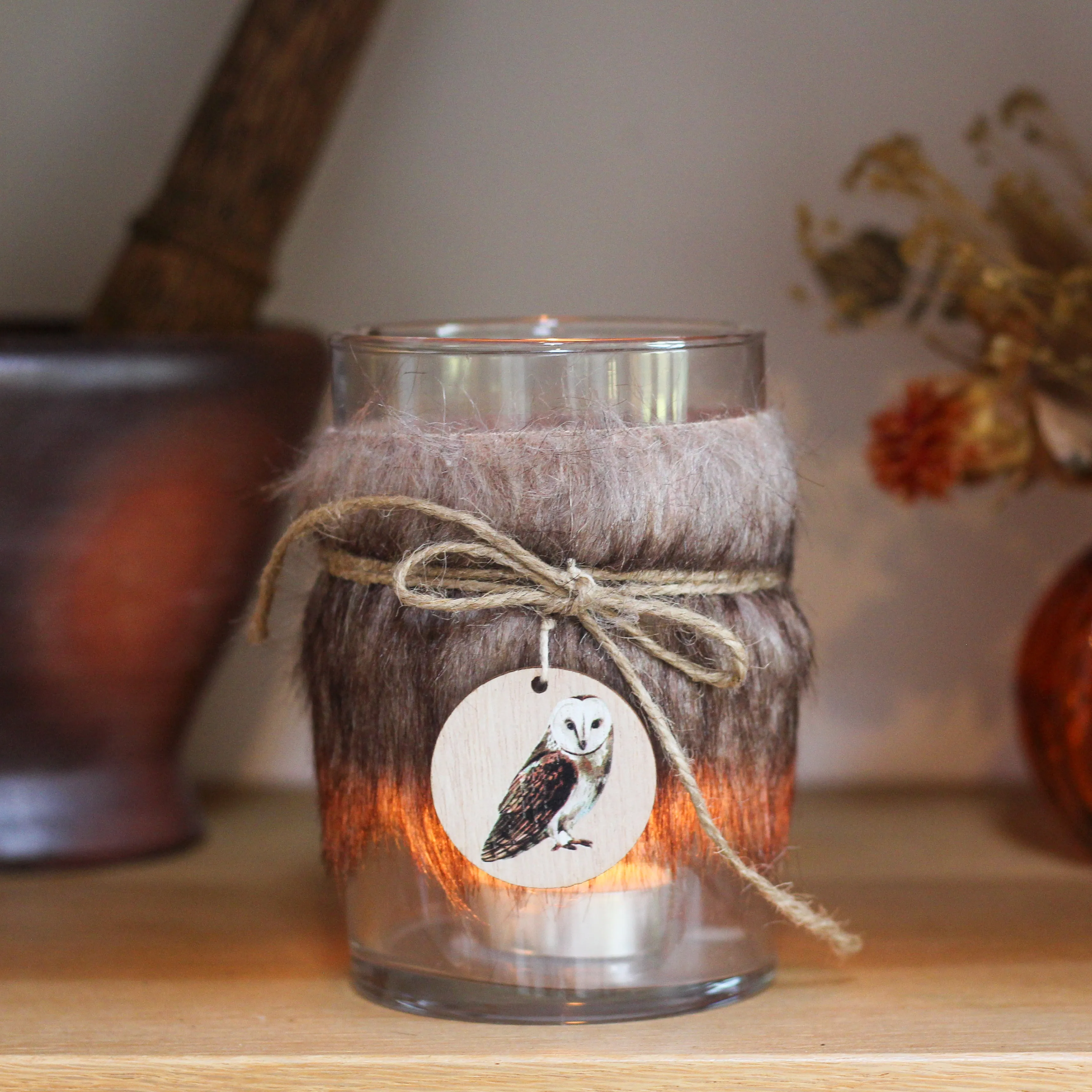 Faux Fur & Glass Owl T-light Holder