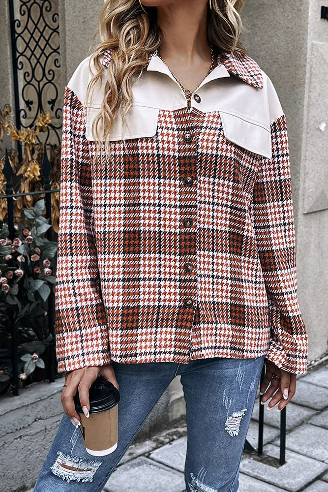 Faux Leather Splicing Plaid Open Button Jackets