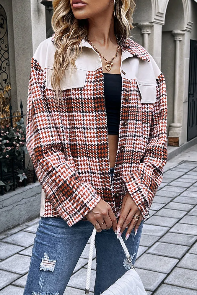 Faux Leather Splicing Plaid Open Button Jackets