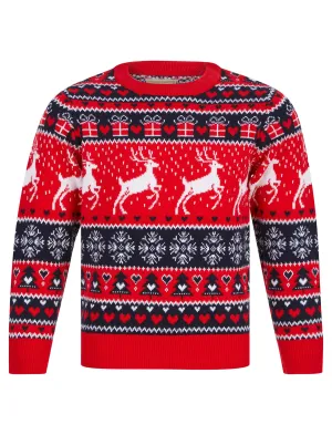 Girl's Snow Reindeer Nordic Fairisle Novelty Christmas Jumper in Tokyo Red - Merry Christmas Kids (4-12yrs)