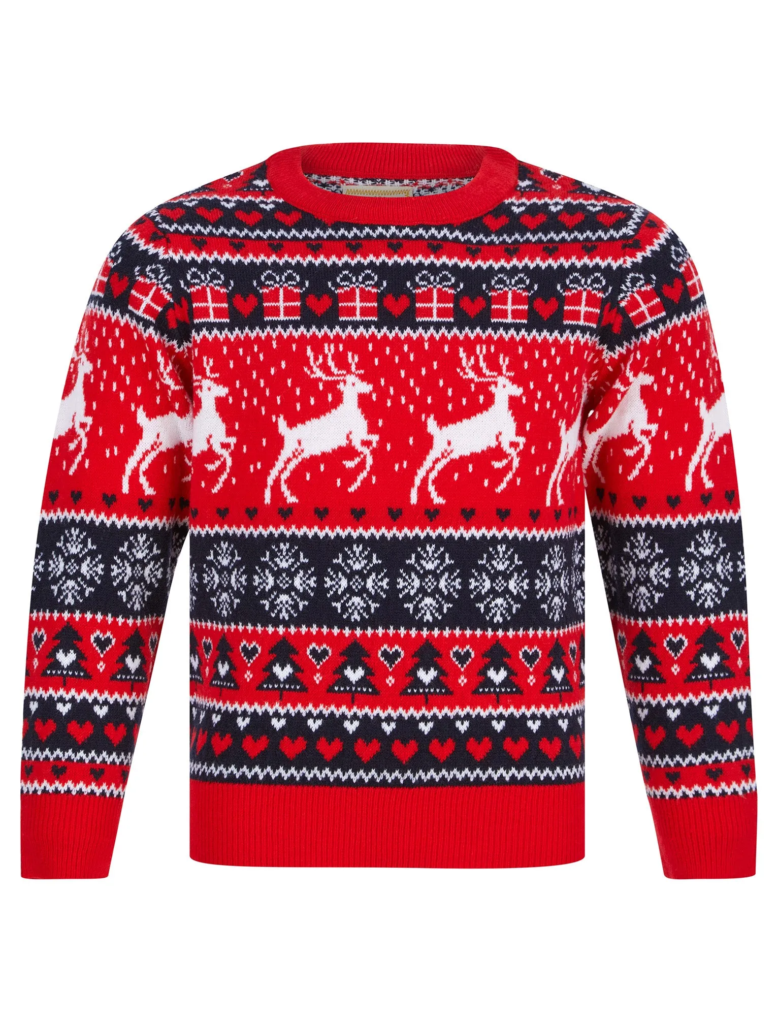 Girl's Snow Reindeer Nordic Fairisle Novelty Christmas Jumper in Tokyo Red - Merry Christmas Kids (4-12yrs)