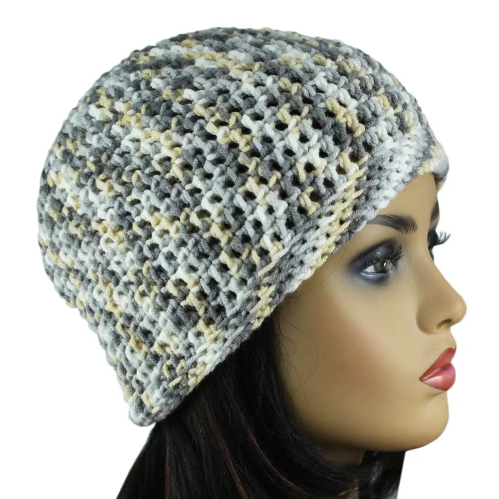 Gray White Yellow Crochet Beanie Hat Medium/Large - JMCH16ML