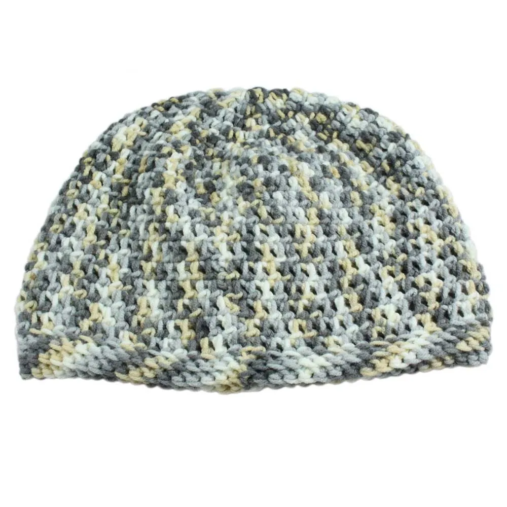 Gray White Yellow Crochet Beanie Hat Medium/Large - JMCH16ML