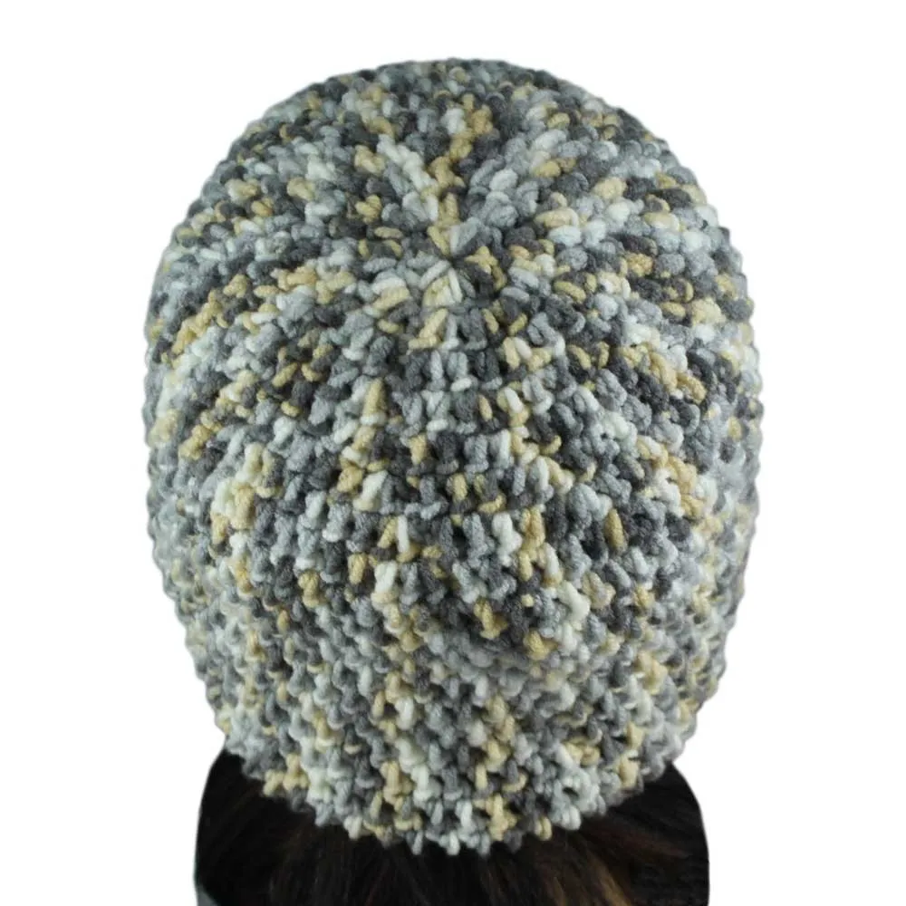 Gray White Yellow Crochet Beanie Hat Medium/Large - JMCH16ML