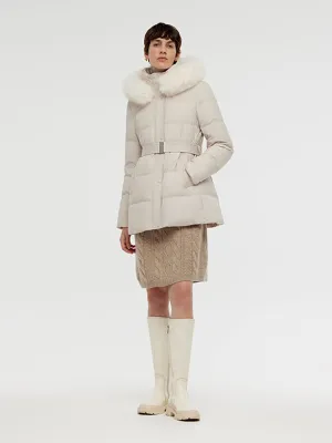 Hooded Gathered Waist Goose Down Coat With Belt