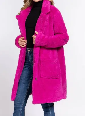 Hot Pink NOTCHED COLLAR PATCH POCKET SHERPA COAT