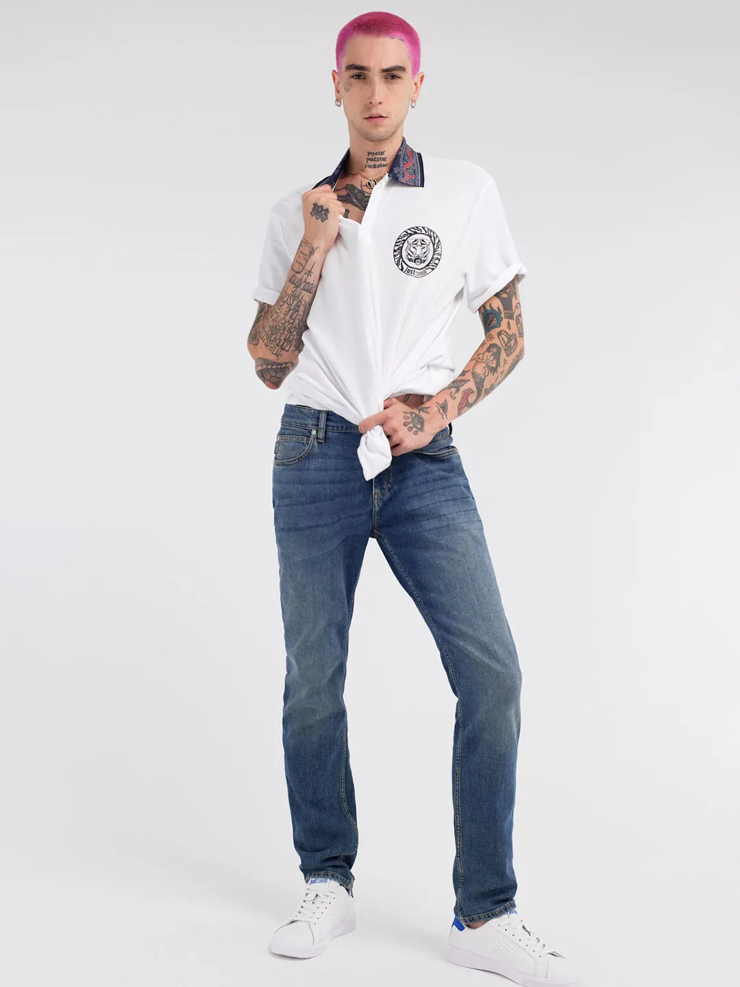 Just Cavalli White Fashion Printed Regular Fit Polo T-Shirt