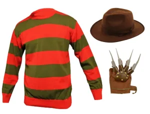 Kids Freddy Style Costume Set: Red Green Striped Jumper, Explorer Hat, and Claw Hand Glove