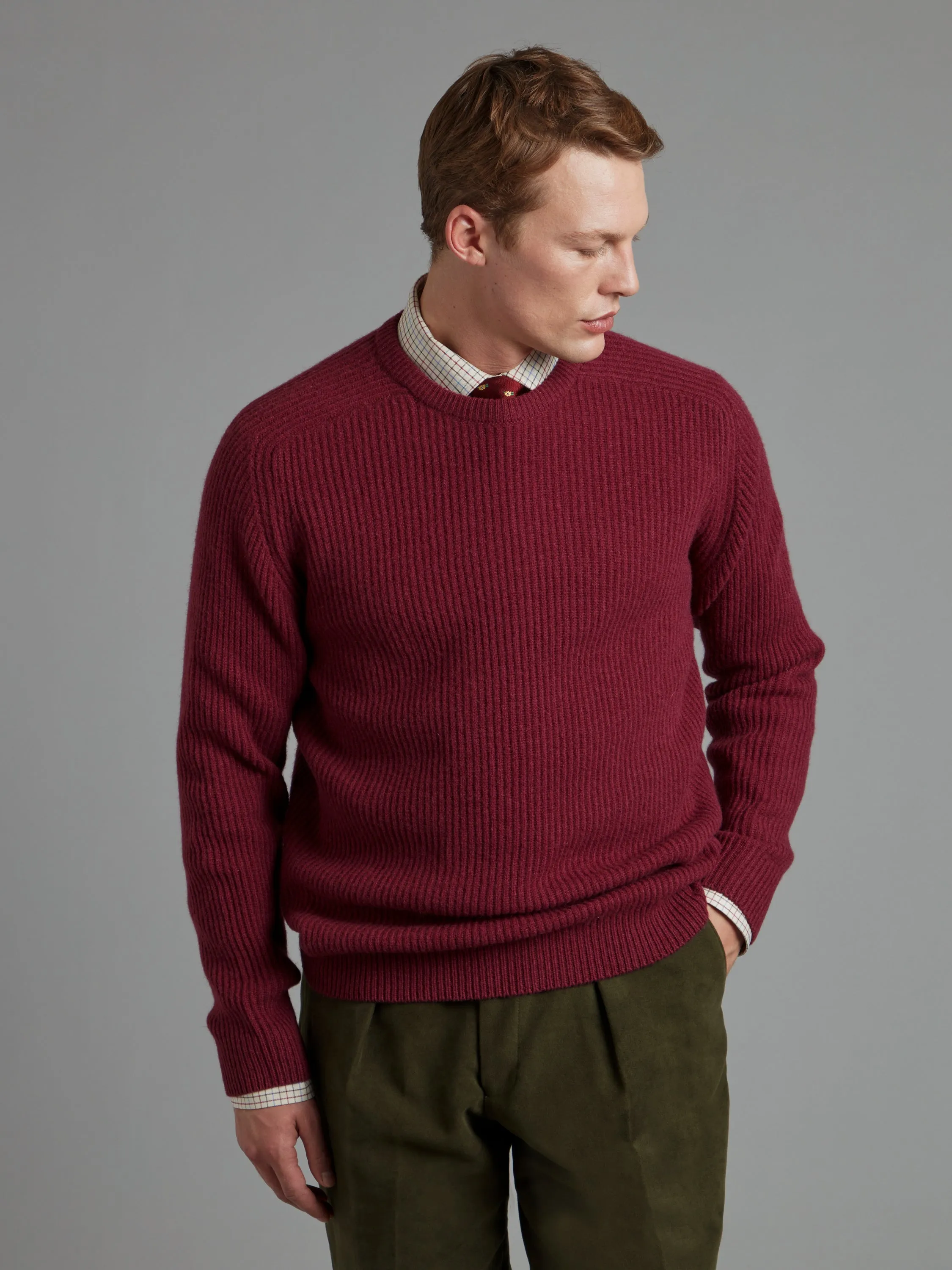 Lambswool Rib Stitch Crew Neck - Ruby Red