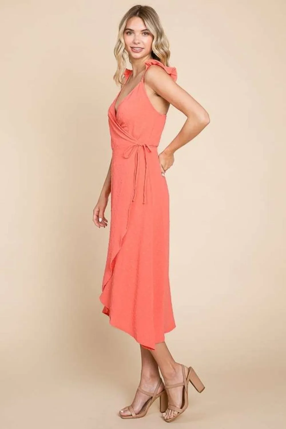 Lavinia - Ruffle Detail Surplice Wrap Slip Dress - Coral - Exclusively Online