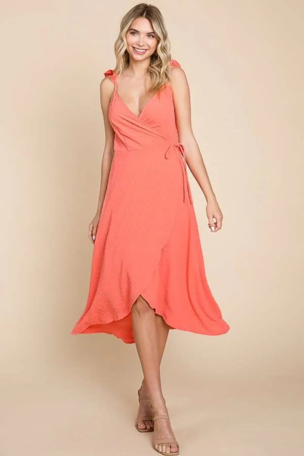 Lavinia - Ruffle Detail Surplice Wrap Slip Dress - Coral - Exclusively Online