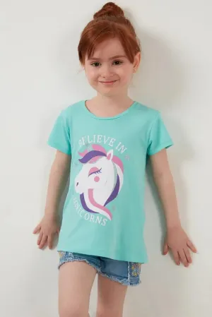 Lela Girl's Blue Cotton T-Shirt