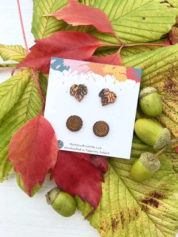 Maple Leaf Studs and Wood Slice Stud Earring Pack