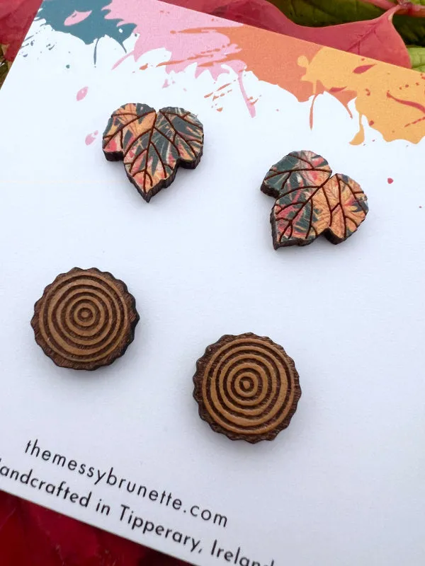 Maple Leaf Studs and Wood Slice Stud Earring Pack