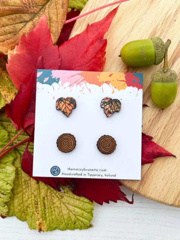 Maple Leaf Studs and Wood Slice Stud Earring Pack