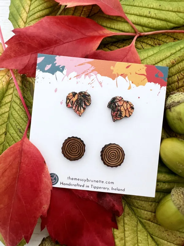 Maple Leaf Studs and Wood Slice Stud Earring Pack