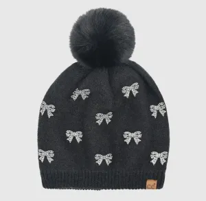 Mini Bows Rhinestone CC Pom Beanie: Black
