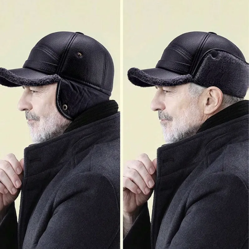 🧢🐂New Men's Winter Hat With Sheepskin Flat Top Earmuffs