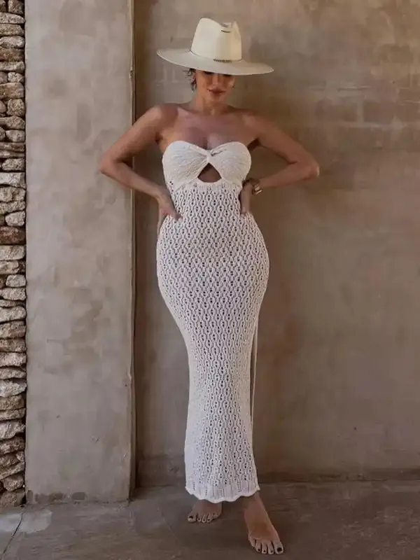 New tube top open mesh hollow knitted elastic hip-covering hot girl dress