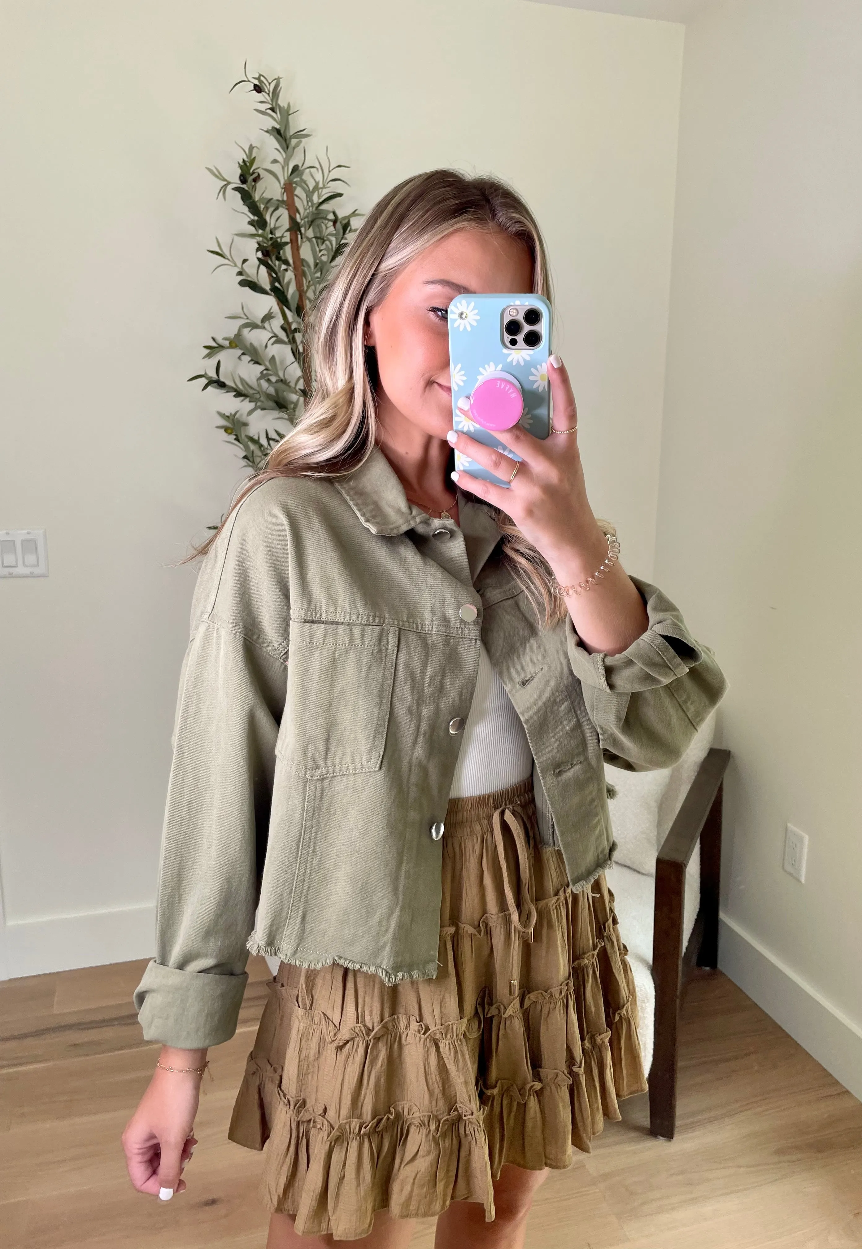 Olive Boxy Cropped Denim Jacket
