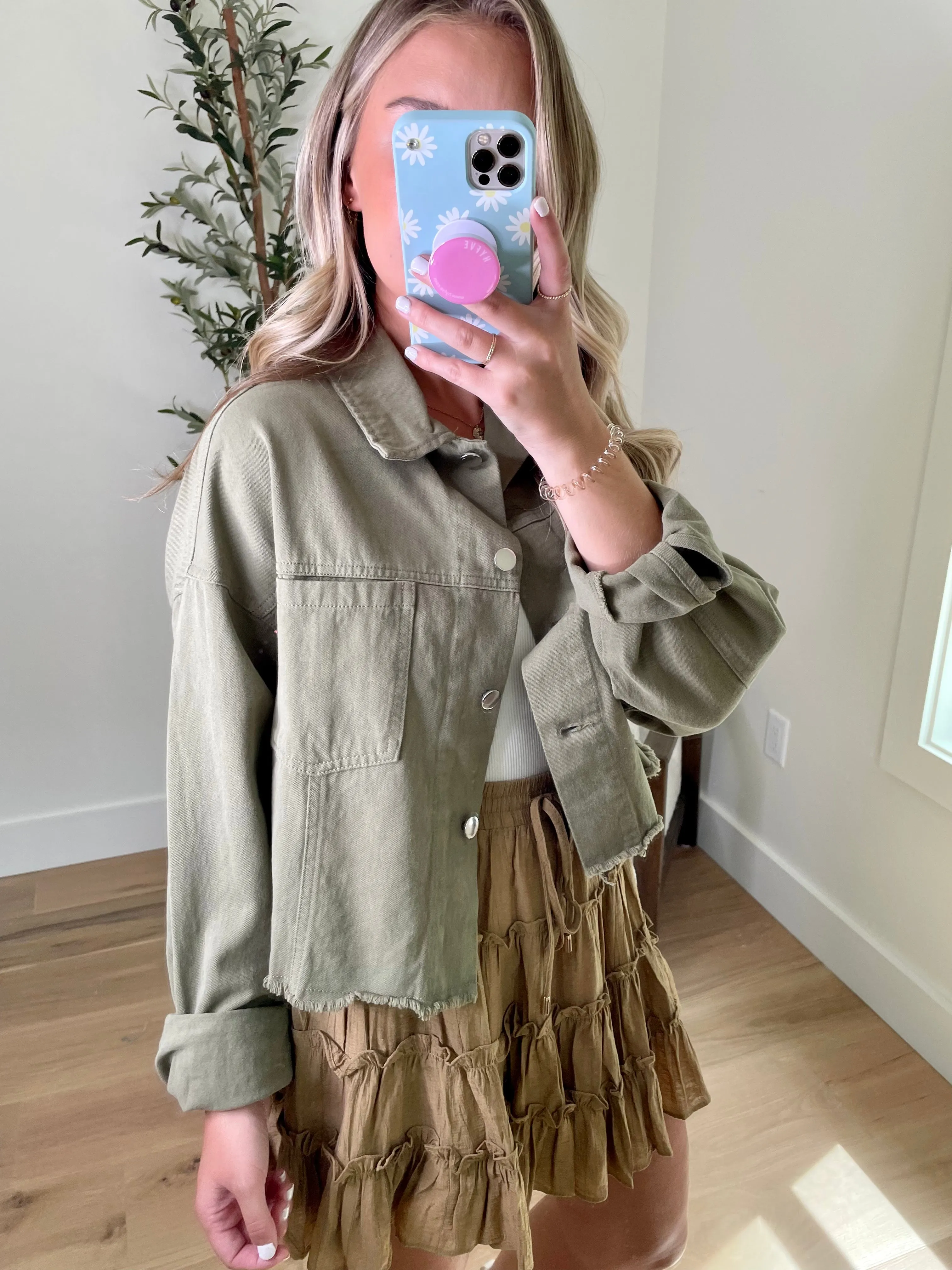 Olive Boxy Cropped Denim Jacket