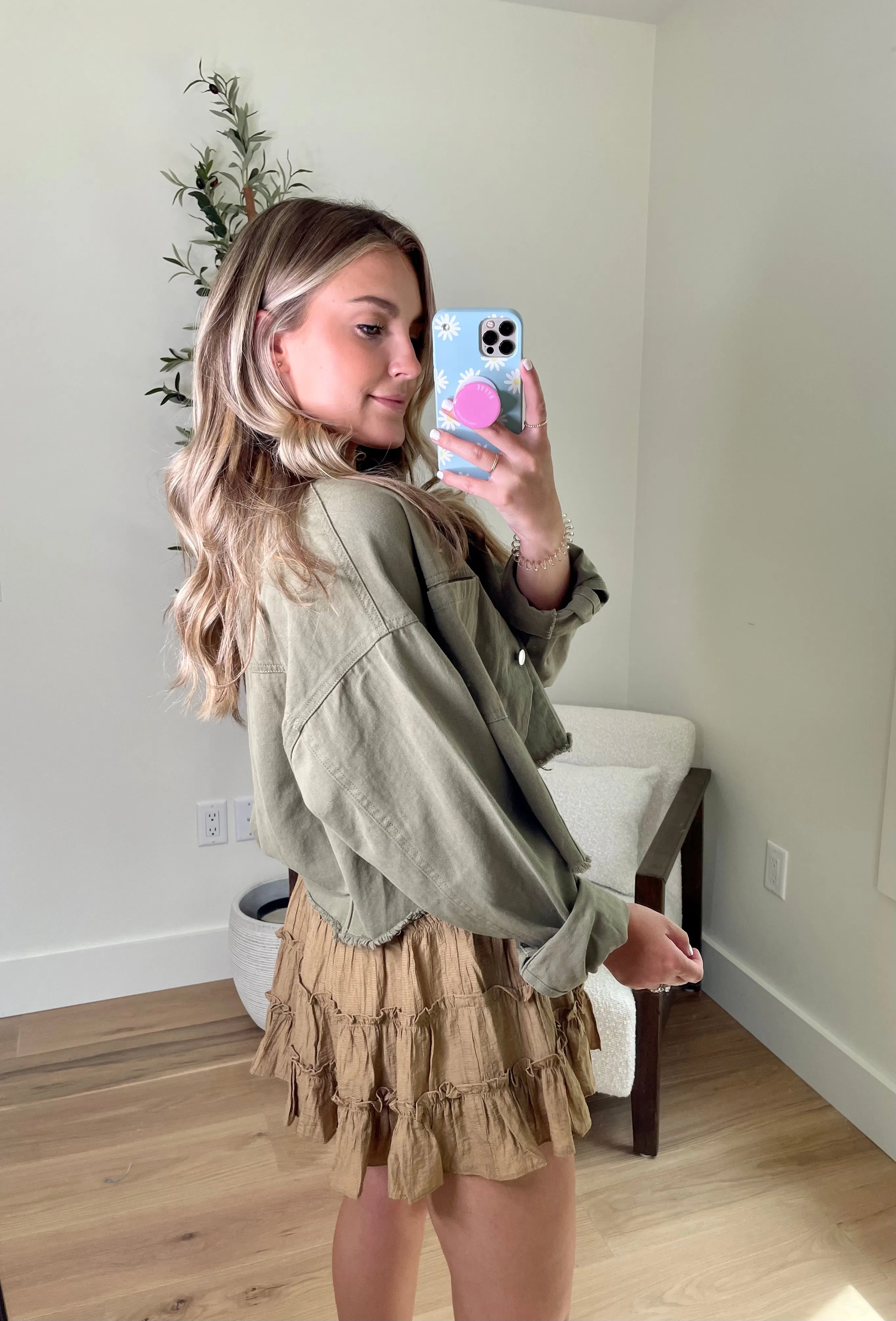 Olive Boxy Cropped Denim Jacket