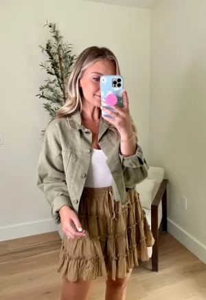 Olive Boxy Cropped Denim Jacket