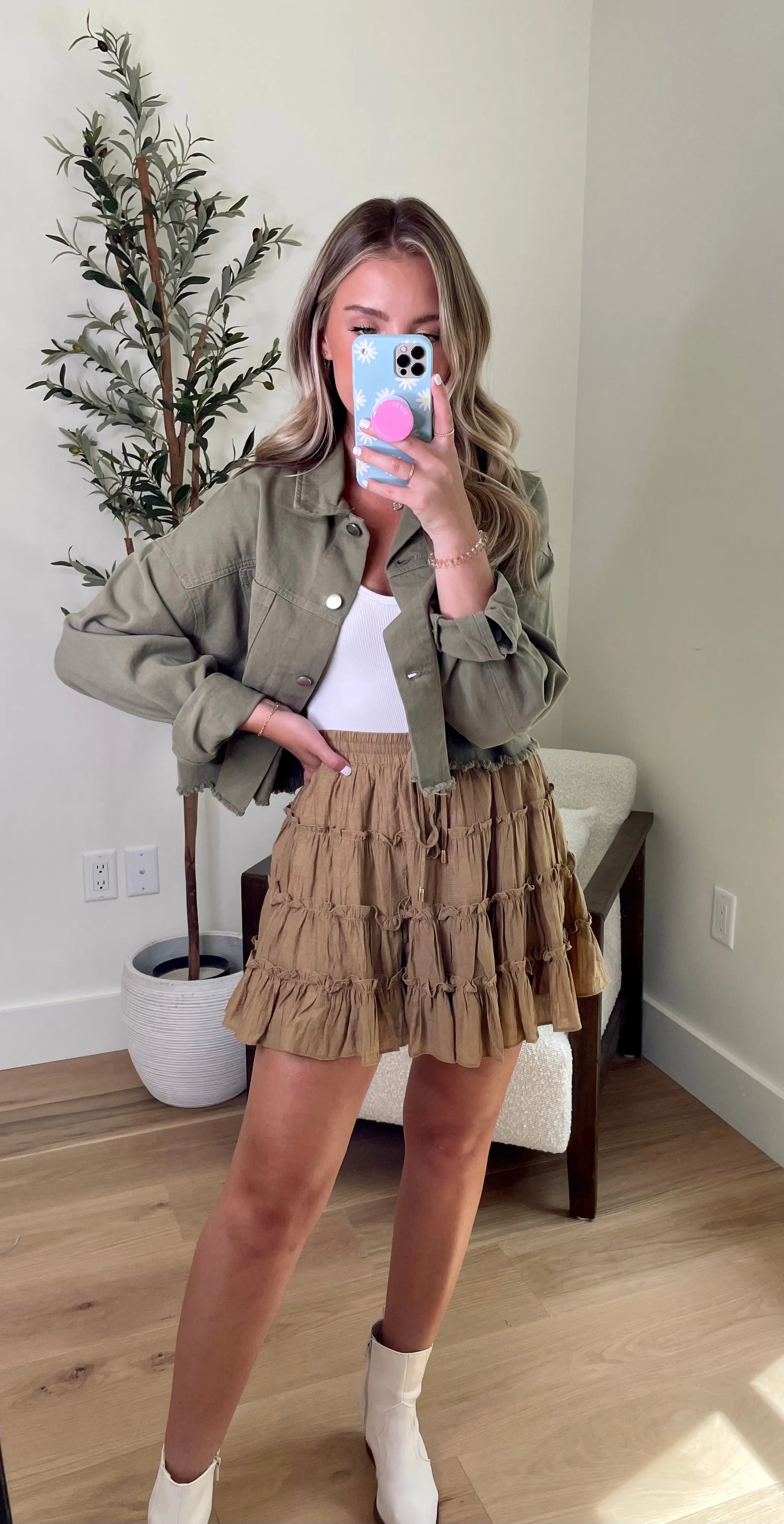 Olive Boxy Cropped Denim Jacket