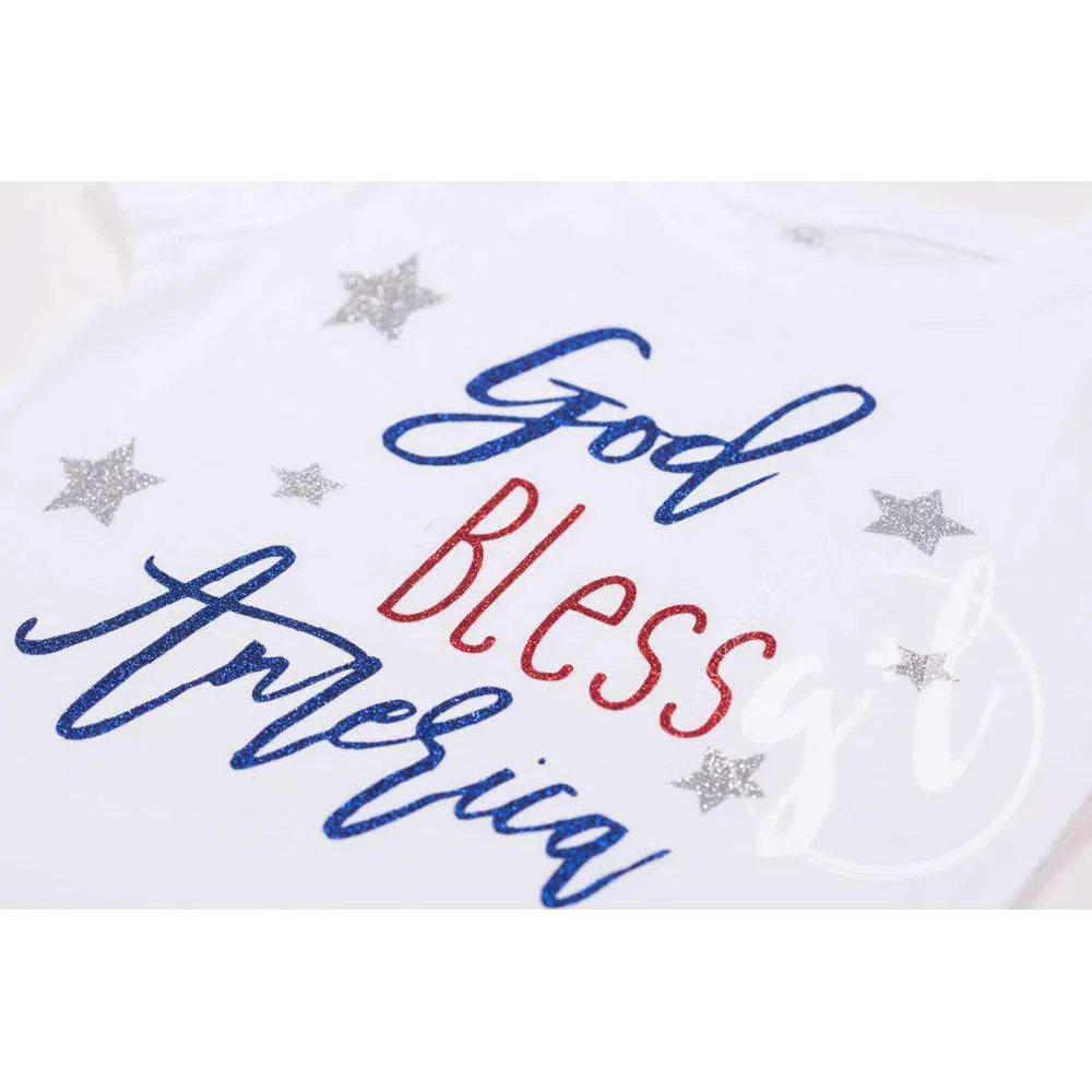 "God Bless America" 4th of July Tee Shirt Outfit & Silver Sequin Bow on Black Headband/Belt