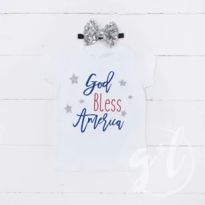 "God Bless America" 4th of July Tee Shirt Outfit & Silver Sequin Bow on Black Headband/Belt
