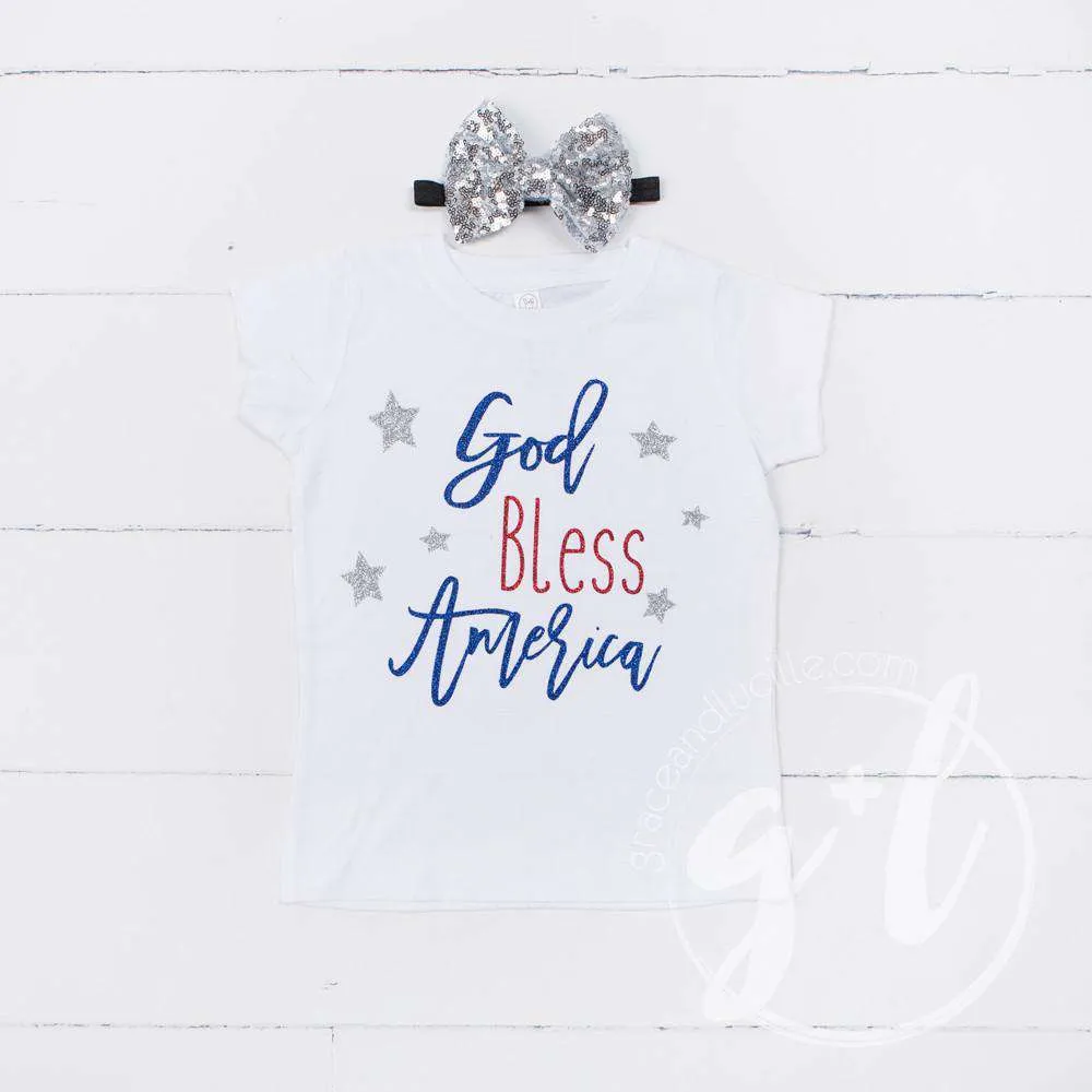 "God Bless America" 4th of July Tee Shirt Outfit & Silver Sequin Bow on Black Headband/Belt