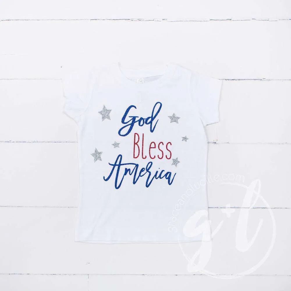 "God Bless America" 4th of July Tee Shirt Outfit & Silver Sequin Bow on Black Headband/Belt