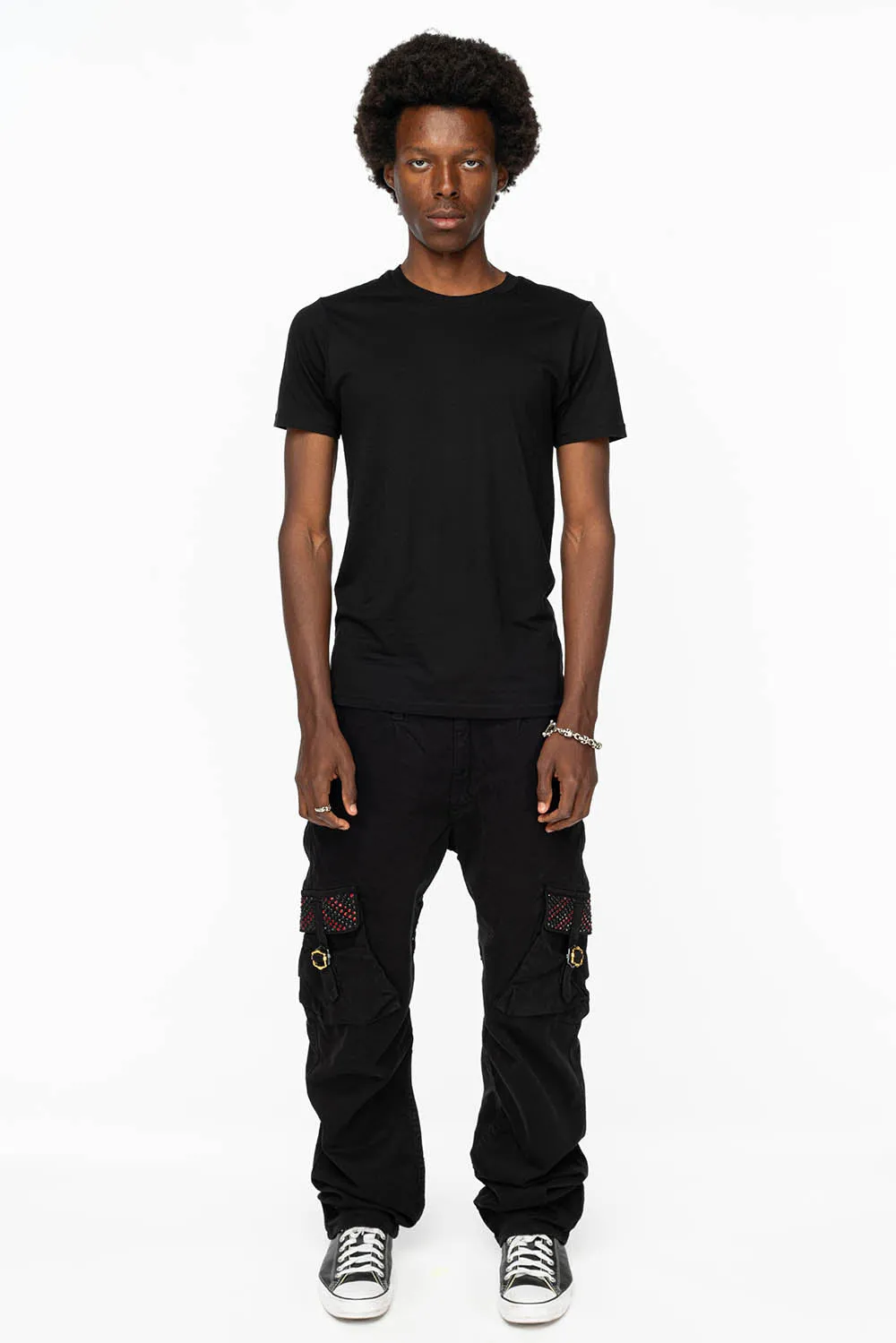 ROBINS NEW MILITARY STYLE CARGO PANTS IN BLACK WITH JET BLACK AND RED CRYSTALS