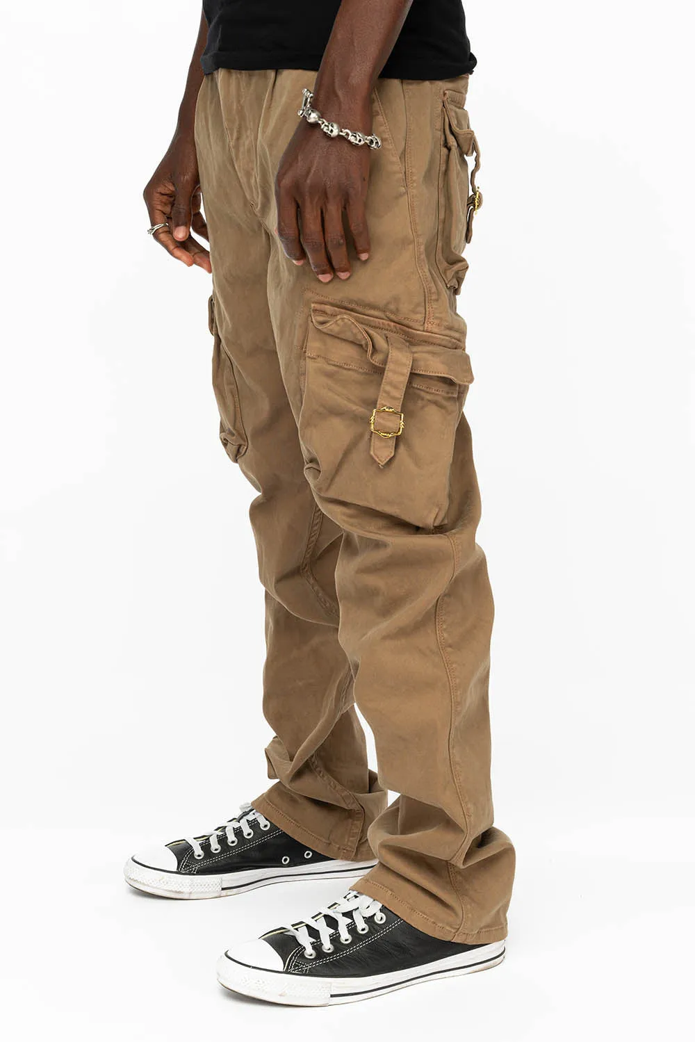 ROBINS NEW MILITARY STYLE CARGO PANTS IN KHAKI COLOR WASH