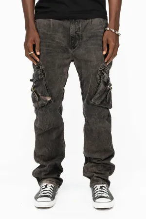 ROBINS NEW MILITARY STYLE CARGO PANTS IN VINTAGE CHARCOAL COLOR WASH