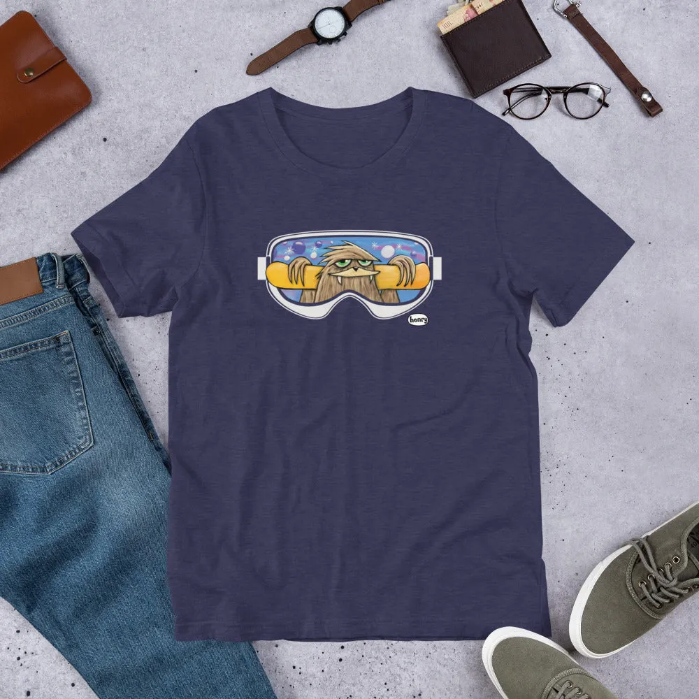 Sasquatch with Snowboard Heathered Navy Unisex T-Shirt | Wearable Art by Seattle Mural Artist Ryan "Henry" Ward